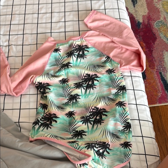 Kids Palm Tree Print Rash Guard Swimsuit - Pink and Green - Picture 3 of 3